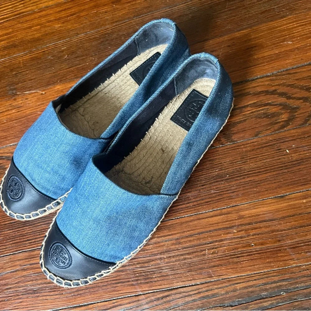 Tory Burch Blue Denim & Black Leather Espadrilles